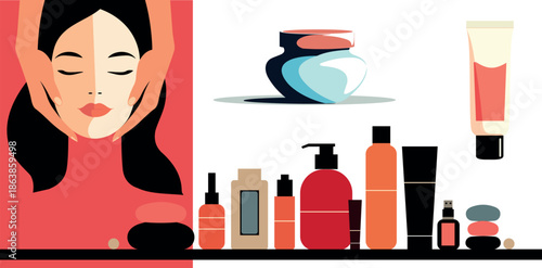 Beauty Spa Skincare Vector Illustration with Woman Face Massage and Cosmetic Products, Wellness and Beauty Salon Concept