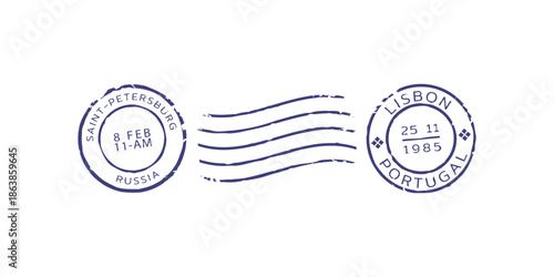 Collection of vintage postage stamp cancellation shipping mark trace vector illustration with retro postal elements, realistic correspondence communication template design isolated graphic