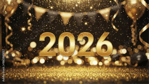 Golden numbers 2026 sparkle amidst a dazzling shower of glitter and festive party lights.