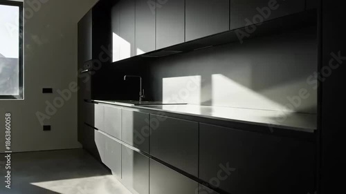 Elegant Kitchen Design With Dark Cabinets And Natural Light Streaming Through Window Frame