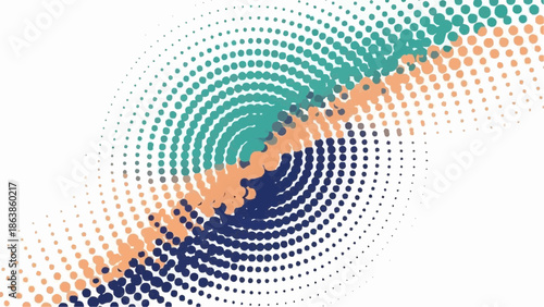 Abstract intersecting circles and lines formed by colorful dots create a dynamic, modern visual.