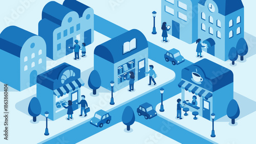 Isometric view of a vibrant urban street scene with diverse shops and people interacting.