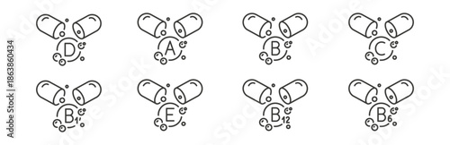 Set of vitamin icons. Label vitamins A, B, C, D, E and more. Nutritional supplements icon. Complex mineral.
