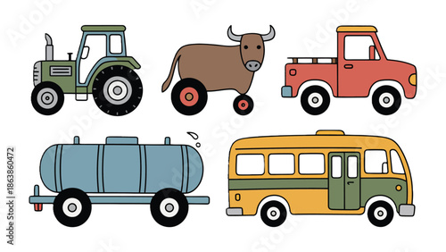 Cartoon Collection of Agricultural Vehicles and Animals: A charming set of illustrated vehicles and an animal, perfect for adding a touch of whimsy and rural flair to any project.