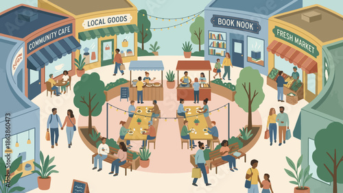 A bustling community square with local shops, market stalls, and people gathering, eating, and socializing.