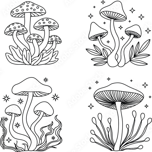 Black and white mushroom silhouette illustration vector set white background