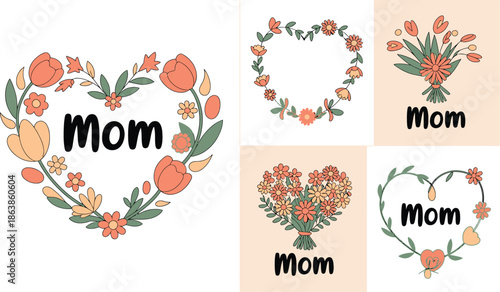 Five charming floral designs celebrate the word Mom with colorful flowers and heart shapes