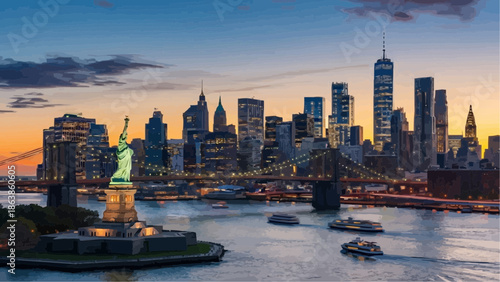 Statue of Liberty stands tall against vibrant New York City skyline at sunset