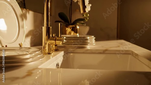Elegant Kitchen Interior Design With Gold Accents And Stylish Sink For Sophisticated Living