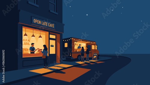 Night scene with an open late cafe and a food truck on a street, people buying food and drinks, urban nightlife illustration.