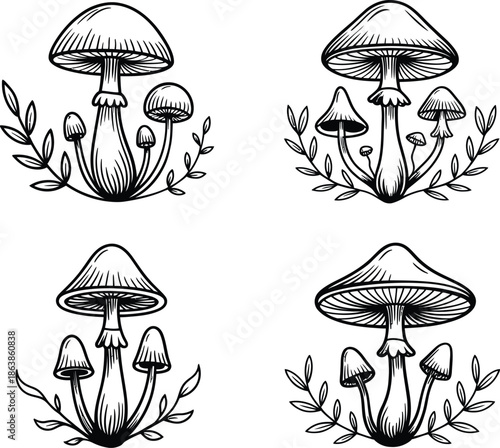 Black and white mushroom silhouette illustration vector set white background