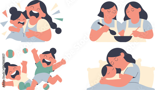 Four charming illustrations capture a mothers tender interactions with her beloved children