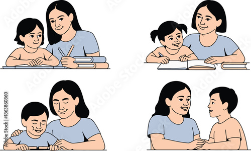 Four charming scenes portray adult women nurturing young children through reading and learning activities