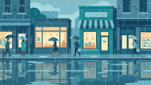 People with umbrellas walk along a wet city street with reflections in puddles during a rain shower.