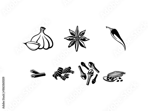 Hand drawn monochrome sketch of various spices and herbs vector illustration for cooking ingredients food recipes organic natural kitchen and culinary design