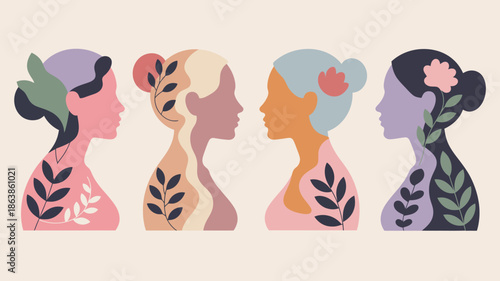 Four diverse women in profile gaze left and right adorned with elegant botanical elements