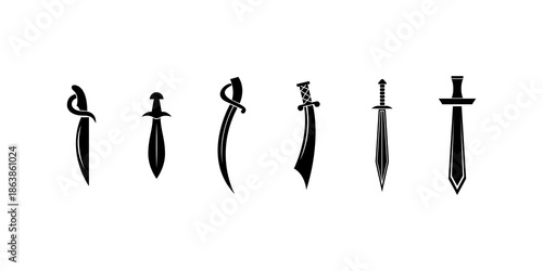 Ancient sword icons set with crossed pictograms black silhouette weapon vector illustration for battle military fantasy game design and historical decoration concepts