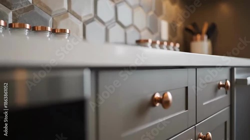 Elegant Kitchen Interior With Jars Of Spices And Gray Cabinets For Culinary Inspiration