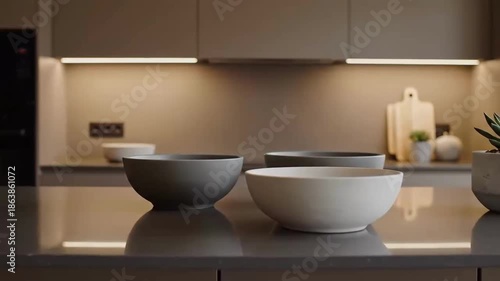 Elegant Kitchen Interior With Minimalist Design Elements And Ceramic Bowls Close Up View