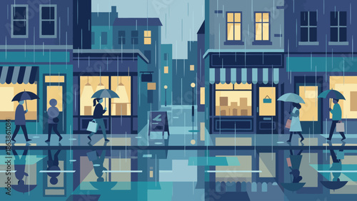 A rainy city street scene with people walking under umbrellas past illuminated shop windows.