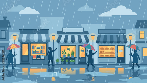 People with umbrellas walk down a street lined with shops during a heavy rain shower.