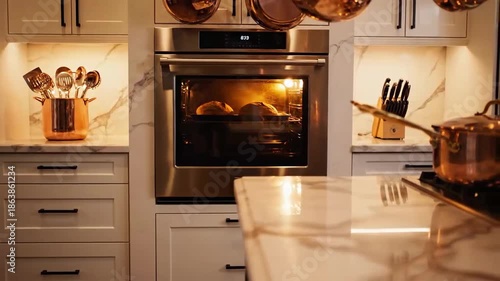 Elegant Kitchen Scene Featuring Copper Cookware and Baking In An Oven With Marble Countertop