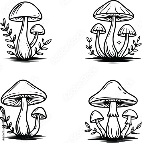 Black and white mushroom silhouette illustration vector set white background