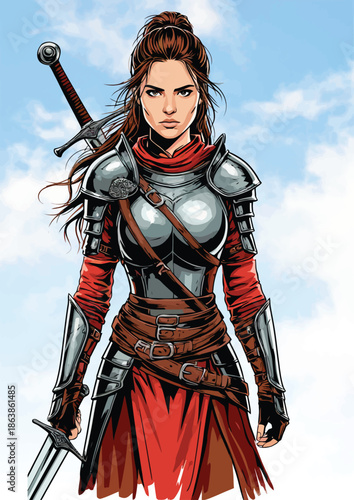 058-44-Brave woman knight protecting herself with heavy metal armor and weapons