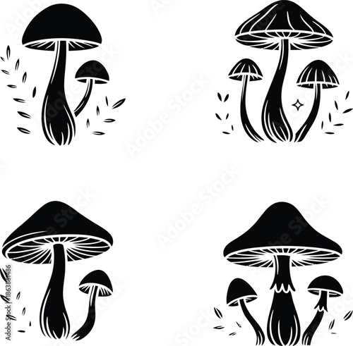 Black and white mushroom silhouette illustration vector set white background