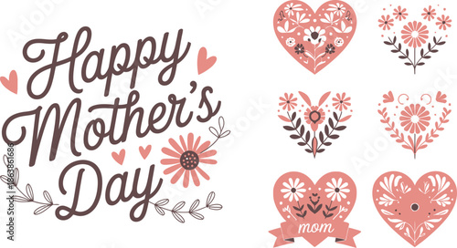 Happy Mothers Day text accompanied by charming hearts filled with a variety of stylized floral patterns