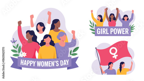 Illustrated depiction of diverse women celebrating womens day with raised fists, advocating for girl power and solidarity