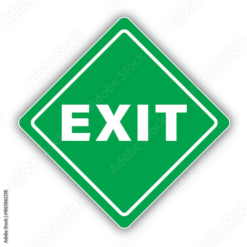 Exit sign (green and white diamond shape) for construction sites, road warning prevention or employee protection. Transparent background.