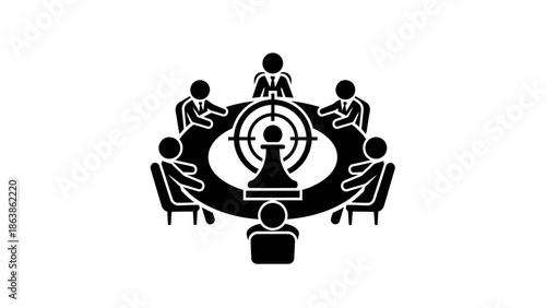 "Business meeting at round table with target and pawn icon, strategy and goal concept, vector illustration."