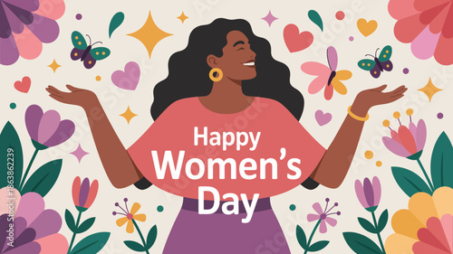 Joyful woman illustration celebrating Happy Womens Day with colorful flowers and butterflies around her
