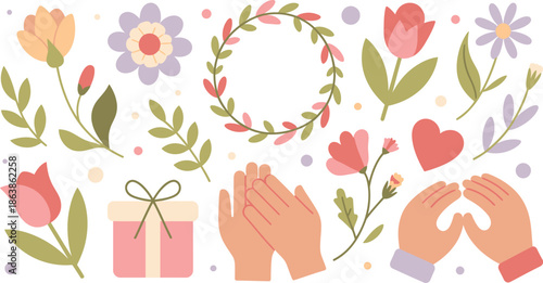 Joyful collection of flat design elements featuring clapping hands, various flowers, hearts, and a gift box