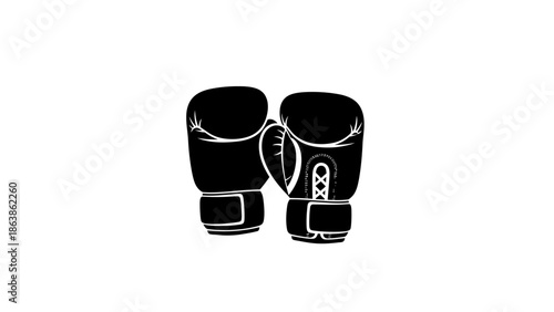 Pair of boxing gloves icon, combat sports and fitness competition concept, black and white vector silhouette.