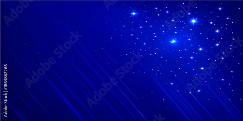 Shiny blue abstract background with glowing laser stars and bright light rays creating a festive Christmas disco energy in a night sky space illustration