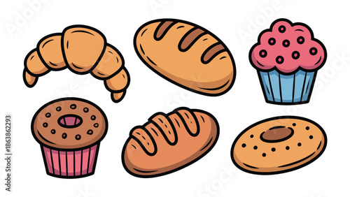 Artisan Bakery Delight: A collection of delightful baked goods, featuring a croissant, various bread loaves, a muffin, and a donut, offering a visual feast of classic treats.