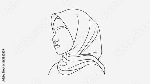 Minimalist line art illustration of a woman wearing a hijab simple profile portrait for fashion and cultural concepts isolated on white