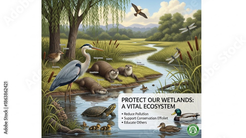 Vibrant wetland ecosystem illustration with diverse wildlife showcasing conservation message for environmental awareness and education