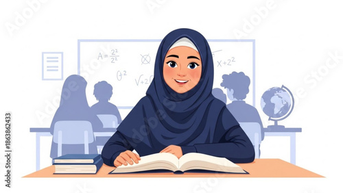 Young Muslim student in hijab studying at desk in classroom with books and globe illustration for education concept