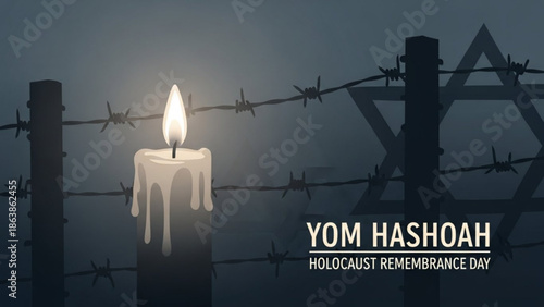Single lit candle and Star of David behind barbed wire symbolizing Yom HaShoah Holocaust Remembrance Day somber memorial background