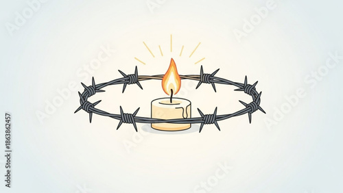 Burning candle inside a barbed wire circle representing hope and resilience in difficult times conceptual illustration