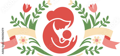 Loving mother embraces her baby within a vibrant floral frame with tulips and delicate leaves