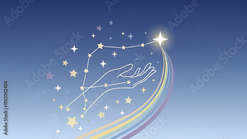 Constellation of stars forming a hand reaching for a bright star with a rainbow trail on a blue gradient background symbolizing hope and dre