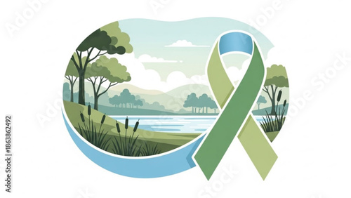 Nature landscape with awareness ribbon symbolizing environmental protection and conservation vector illustration for campaigns