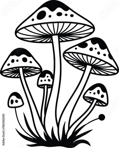 Black and white mushroom silhouette illustration vector set white background
