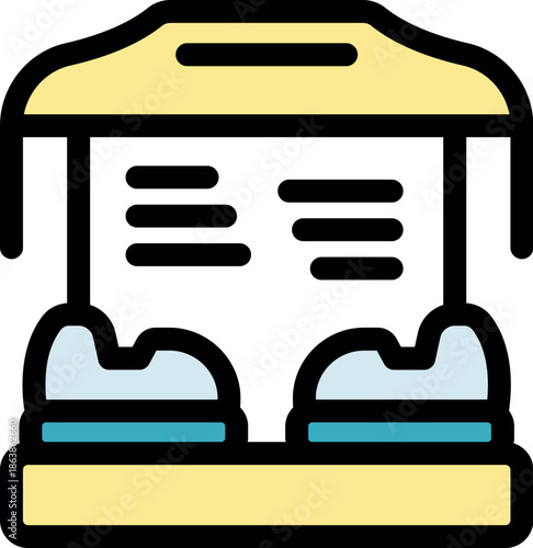 Amusement park bumper cars attraction with an information and rules sign, providing safety guidelines and instructions for riders