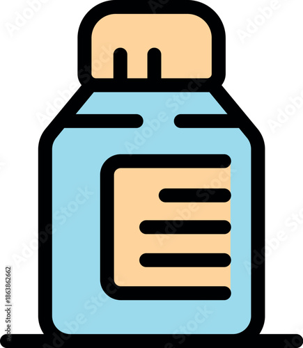 Light blue plastic medicine bottle with blank label, screw cap, and horizontal lines is displayed, suggesting medical treatment and pharmaceutical industry
