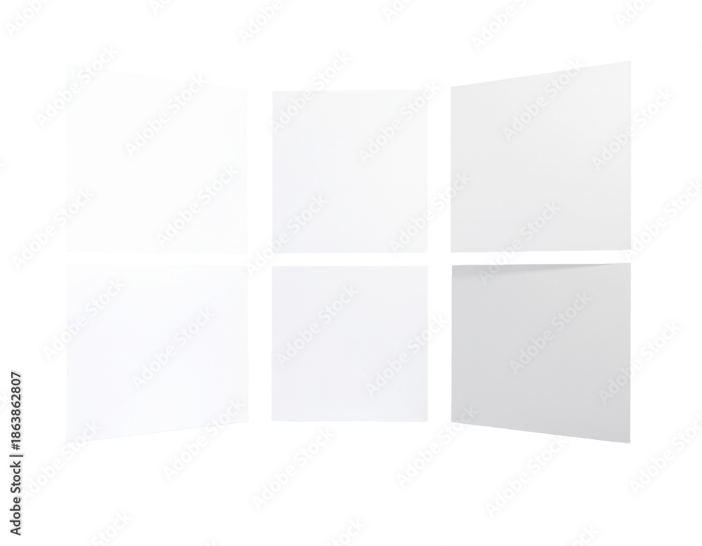 Fototapeta premium Six blank white cards arranged in a curved gallery wall with soft shadows
